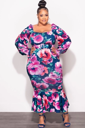 NoBuckleDesign Final Sale Plus Size Midi BodyCon Dress with Ruffle Bottom in Navy Floral Print