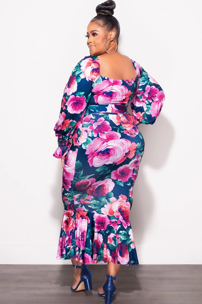 EcoFriendlyBlend Final Sale Plus Size Midi BodyCon Dress with Ruffle Bottom in Navy Floral Print