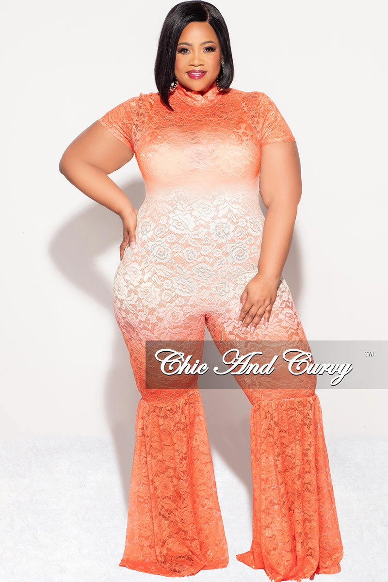Final Sale Plus Size Mock Neck Lace Bell Bottom Jumpsuit in Orange Ivory Comfortable Wear Fit Comfort