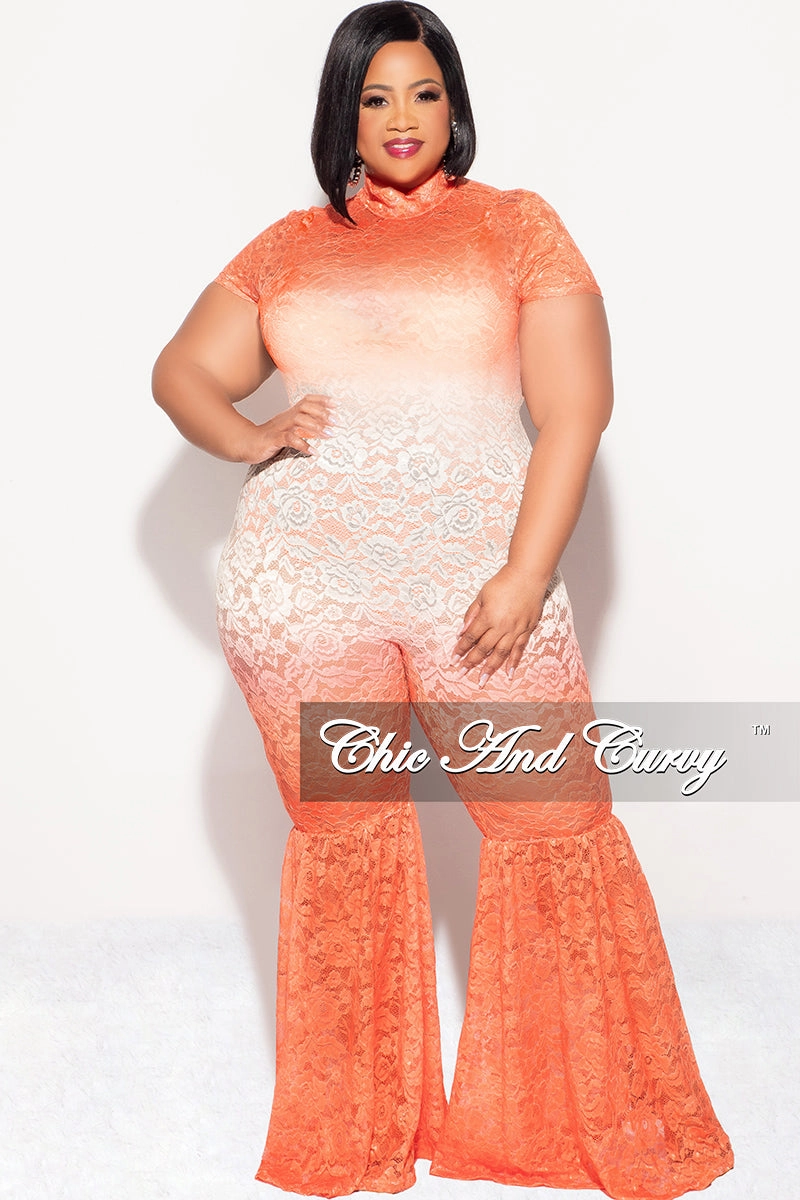 Final Sale Plus Size Mock Neck Lace Bell Bottom Jumpsuit in Orange Ivory Clean Finish Timeless Fit