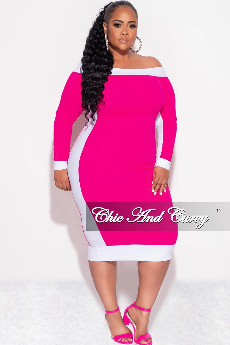 Final Sale Plus Size Off the Shoulder BodyCon Dress in Fuchsia with White Trim hypoallergenic material Breathable mesh design