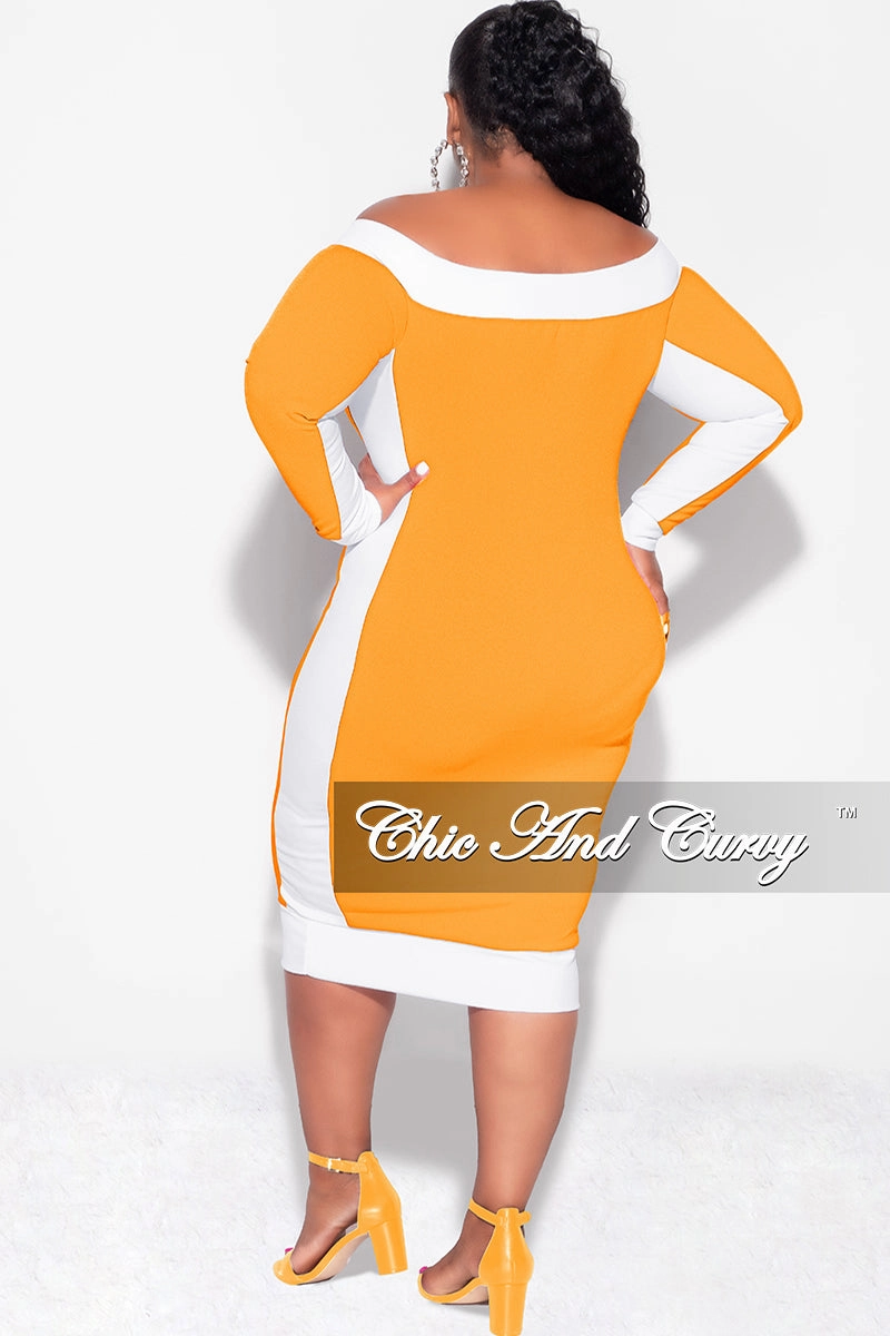 Final Sale Plus Size Off the Shoulder BodyCon Dress in Mustard with White Trim Practical Fit