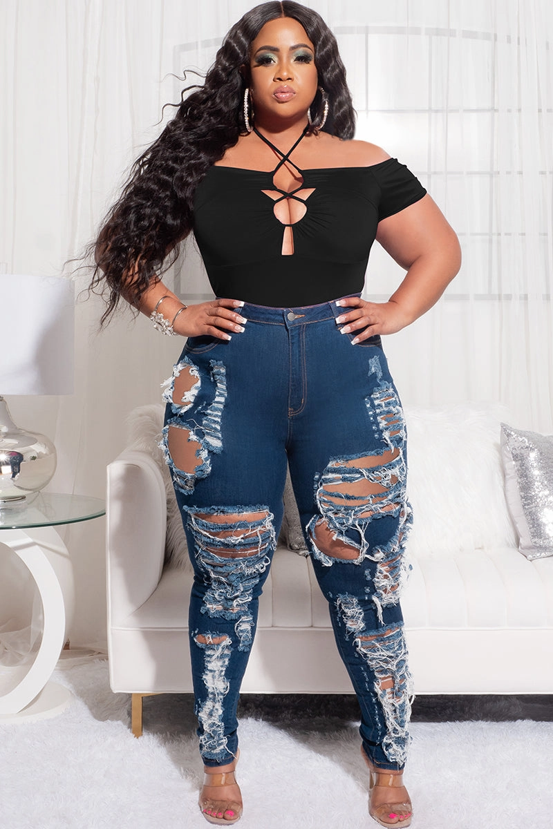 Final Sale Plus Size Off the Shoulder Bodysuit with Lace Up Front in Black Neutral Shade