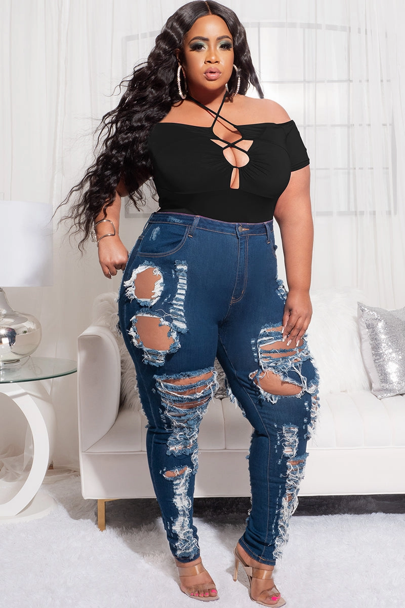 Flattering Design Wear Final Sale Plus Size Off the Shoulder Bodysuit with Lace Up Front in Black