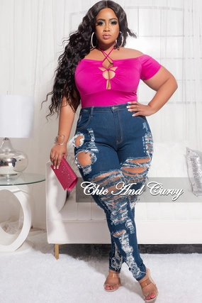 Final Sale Plus Size Off the Shoulder Bodysuit with Lace Up Front in Fuchsia Stretchable Fabric
