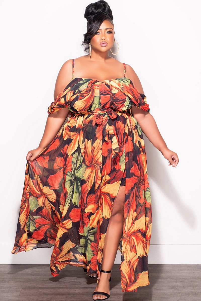 Slim Look Cropped hem Final Sale Plus Size Off The Shoulder Chiffon Dress with Spaghetti Straps In Orange Rust Leaf Print