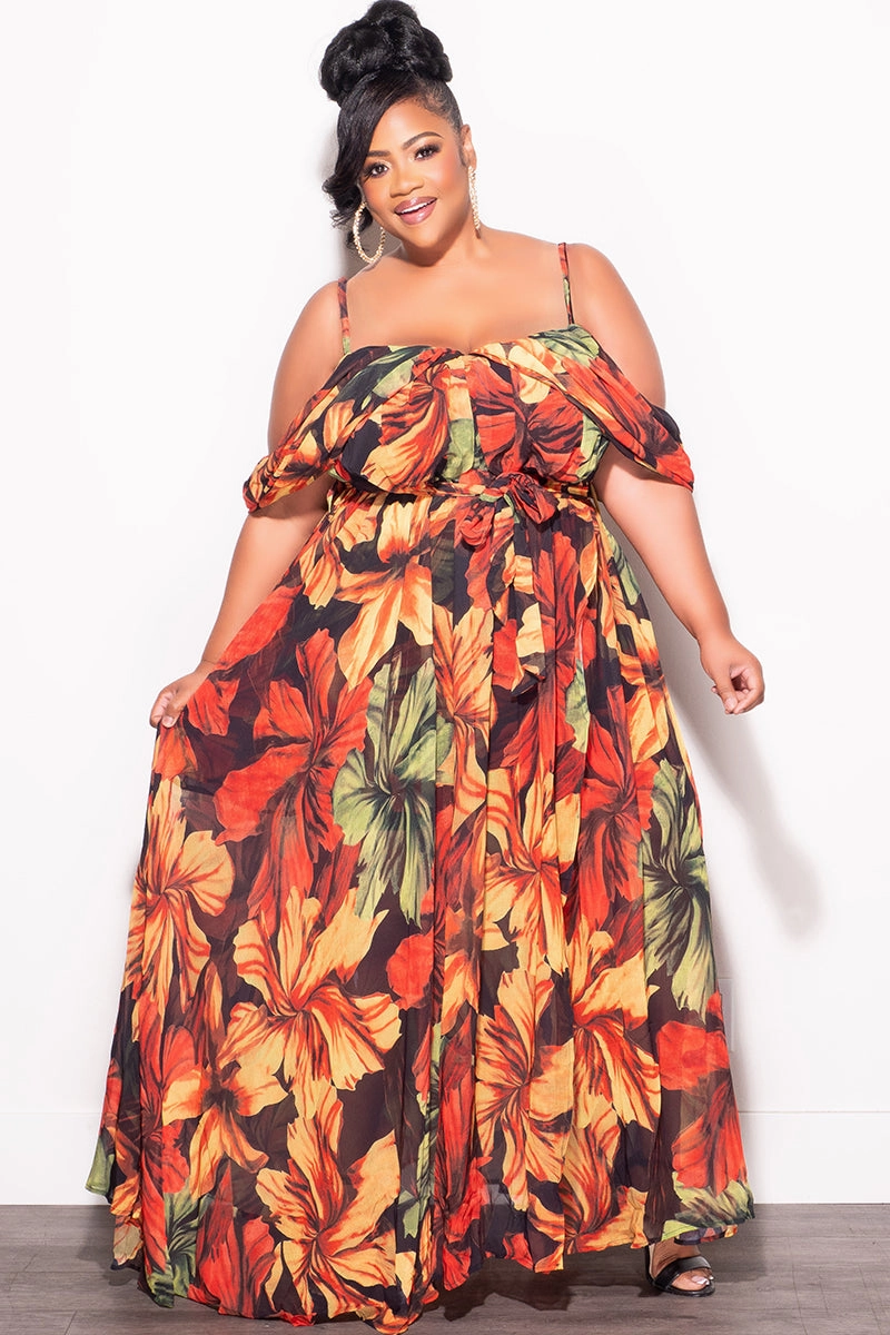 Stretchable Design Cozy Touch Final Sale Plus Size Off The Shoulder Chiffon Dress with Spaghetti Straps In Orange Rust Leaf Print