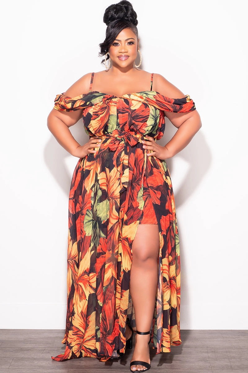 Final Sale Plus Size Off The Shoulder Chiffon Dress with Spaghetti Straps In Orange Rust Leaf Print Breathable layers