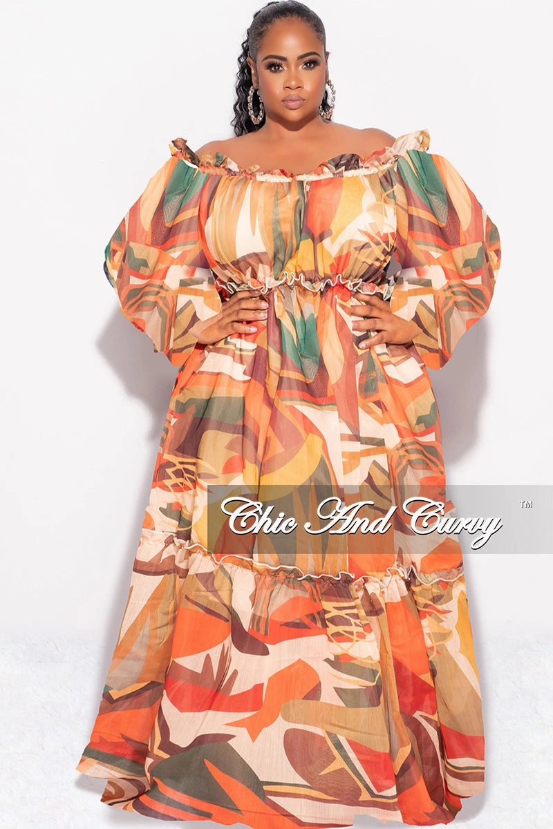 WaterRepellent Final Sale Plus Size Off the Shoulder Chiffon Maxi Dress in Tan Multi Color