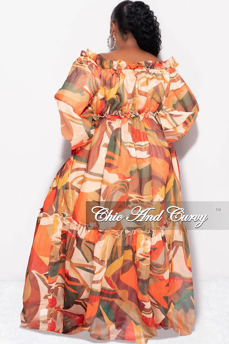 Final Sale Plus Size Off the Shoulder Chiffon Maxi Dress in Tan Multi Color Side zipper Smooth Fit Lining