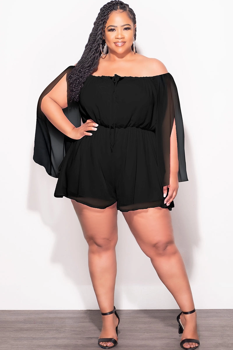 Final Sale Plus Size Off the Shoulder Chiffon Romper with Slit Sleeves in Black Non Restrictive Cut