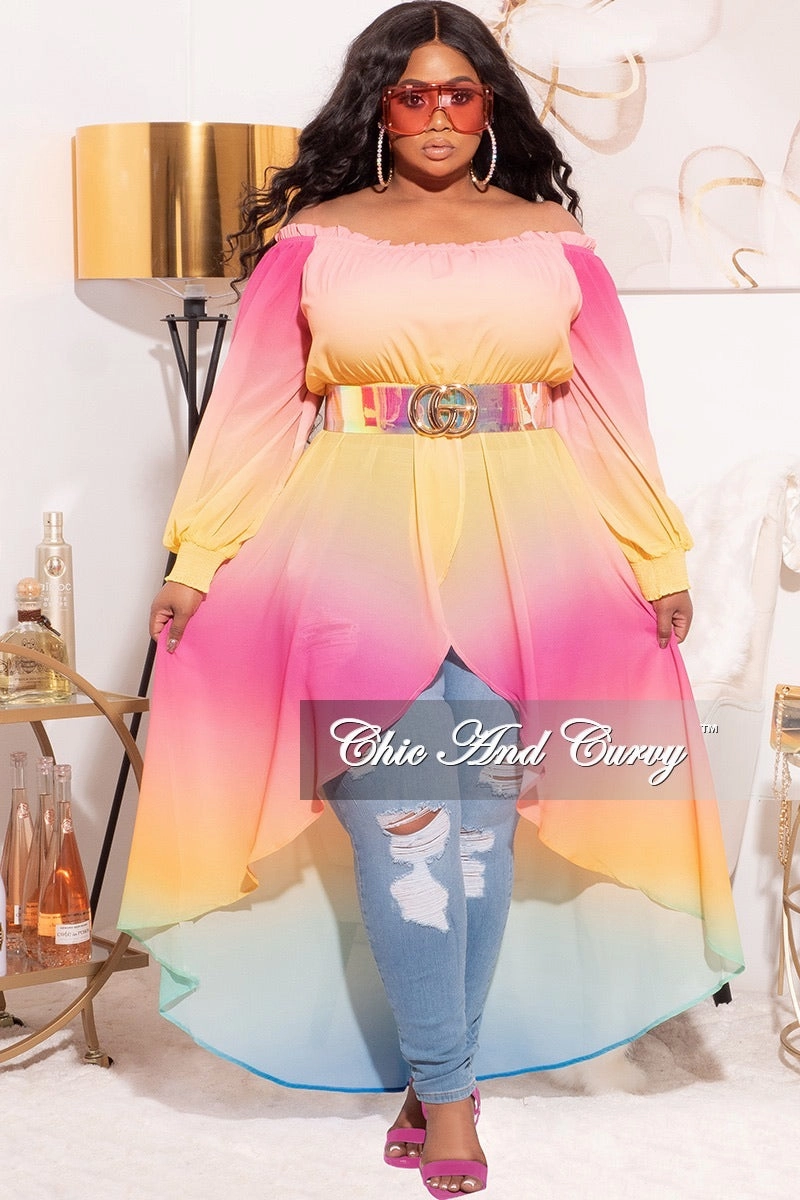 Final Sale Plus Size Off The Shoulder Chiffon Top in Ombr?? Pastel Colors Casual Look