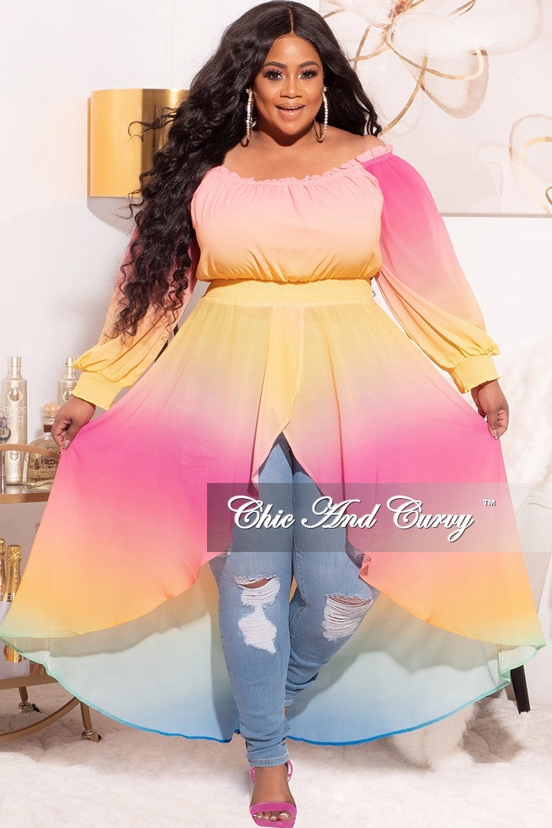 Final Sale Plus Size Off The Shoulder Chiffon Top in Ombr?? Pastel Colors Non Binding Cuffs Slim Silhouette