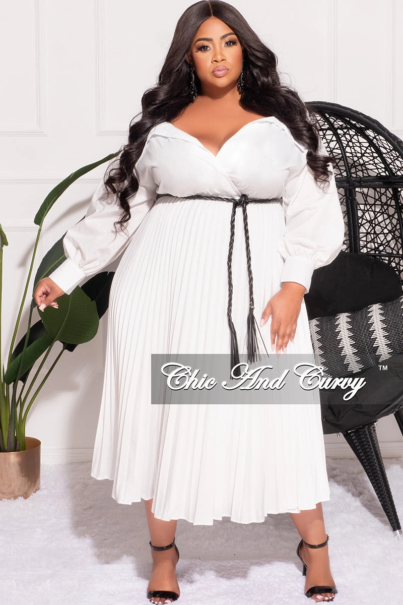 Hip Friendly Pockets Stylish Waistband Final Sale Plus Size Off the Shoulder Collar Faux Wrap Dress with Bottom Pleats in White