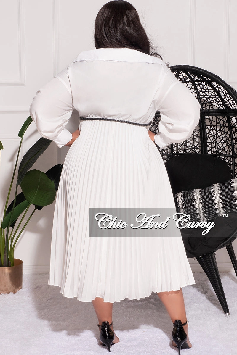 Modern Relaxed Final Sale Plus Size Off the Shoulder Collar Faux Wrap Dress with Bottom Pleats in White