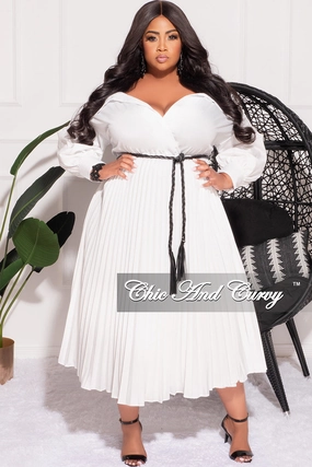 Performance Ready OdorResistantTreatment Final Sale Plus Size Off the Shoulder Collar Faux Wrap Dress with Bottom Pleats in White