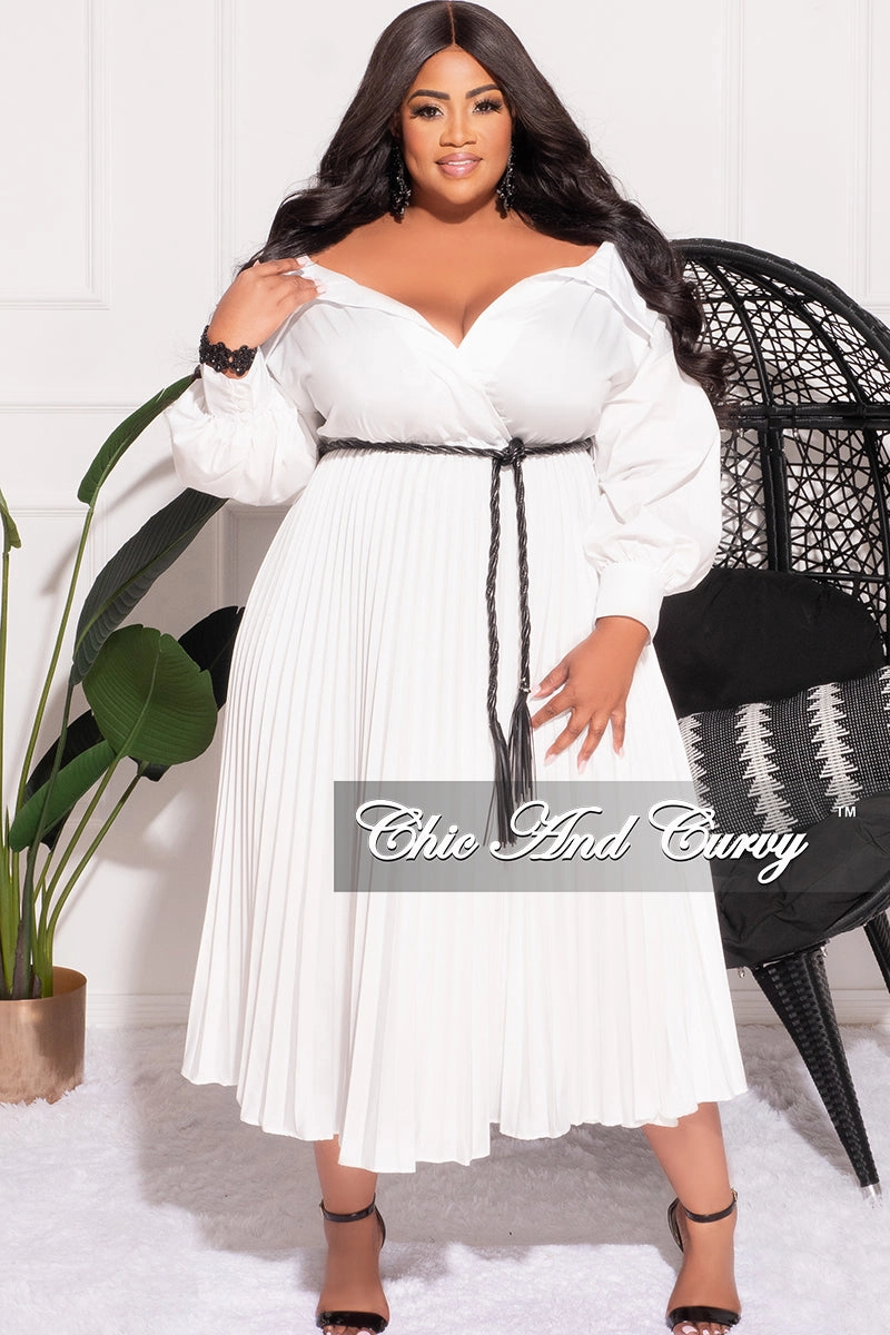 Final Sale Plus Size Off the Shoulder Collar Faux Wrap Dress with Bottom Pleats in White Utility Fit