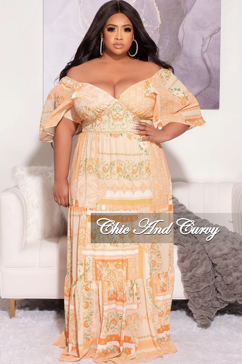 Final Sale Plus Size Off the Shoulder Deep V Maxi Dress in  Mustard Orange and Green Floral Print Chill Comfort Fit