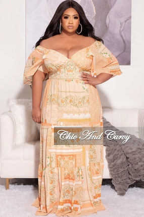 Final Sale Plus Size Off the Shoulder Deep V Maxi Dress in  Mustard Orange and Green Floral Print Chill Comfort Fit