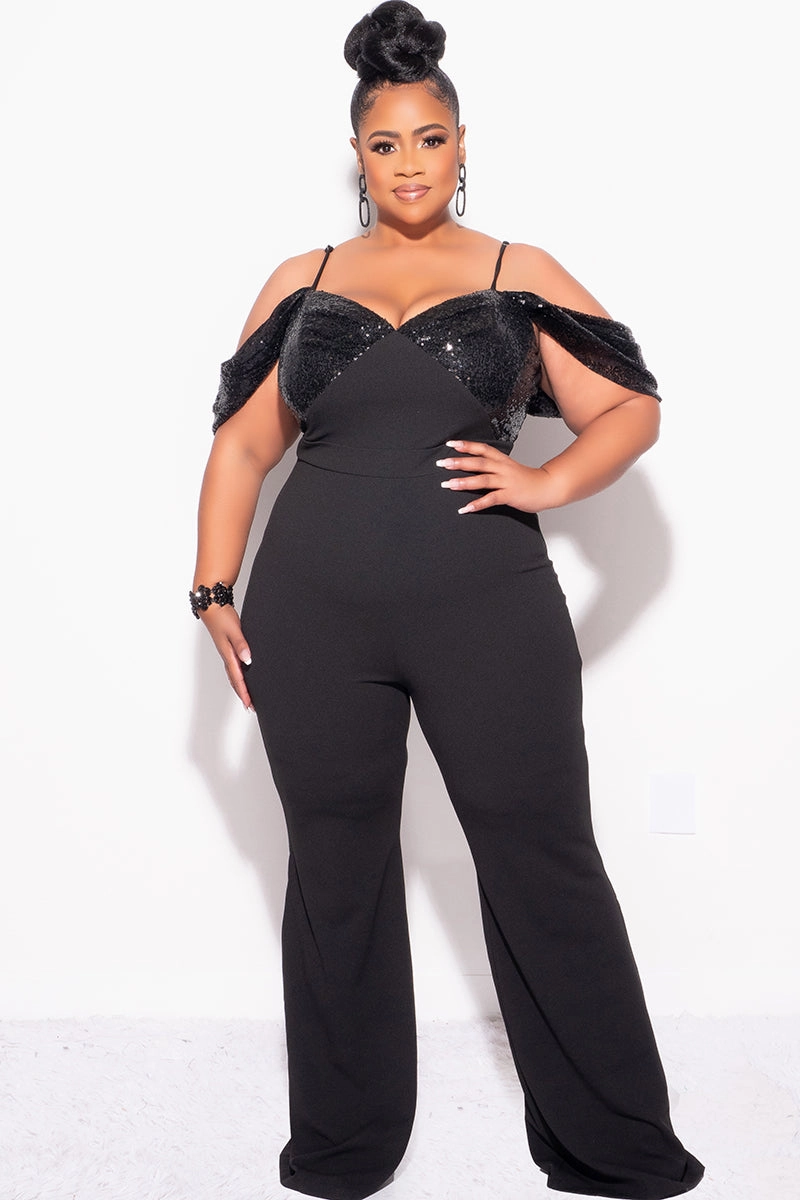 Final Sale Plus Size Off The Shoulder Faux Wrap Sequin Jumpsuit Black TaglessLabel