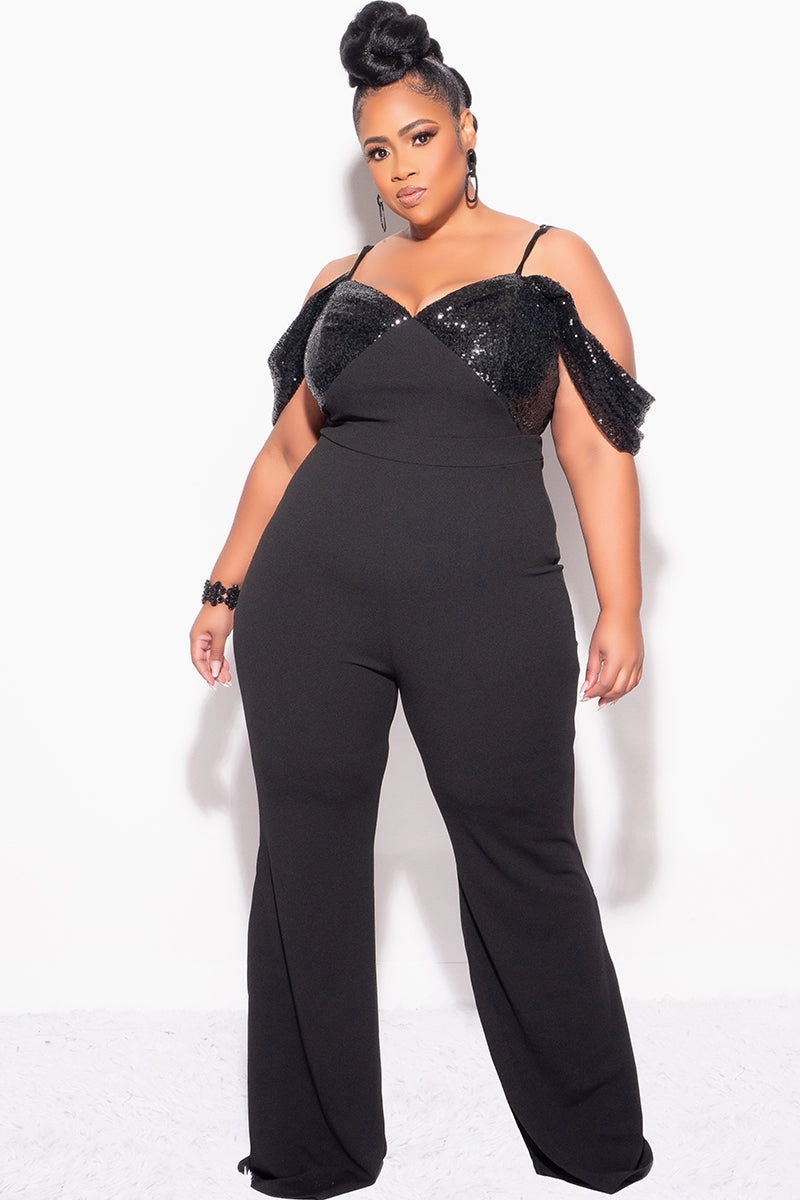 Neutral Look Final Sale Plus Size Off The Shoulder Faux Wrap Sequin Jumpsuit Black