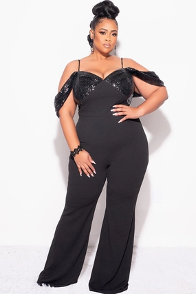 Seamless Design Quick Comfort Design Final Sale Plus Size Off The Shoulder Faux Wrap Sequin Jumpsuit Black