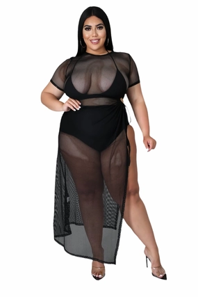 Temperature Regulating Fabric Quick Access Pockets Final Sale Plus Size Off the Shoulder Fishnet Dress with Side Slit in Black