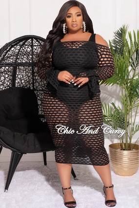Movement Ready Fit Softened Hem Final Sale Plus Size Off the Shoulder Fishnet Midi Dress with Slit Bell Sleeves in Black