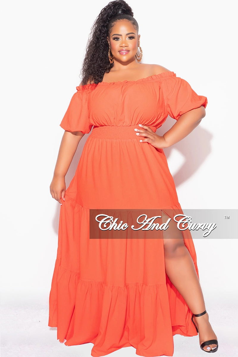 Final Sale Plus Size Off the Shoulder Frill Tiered Maxi Dress with Slit in Burnt Orange Tomato Red Breathable Comfort Fit Soft Feel