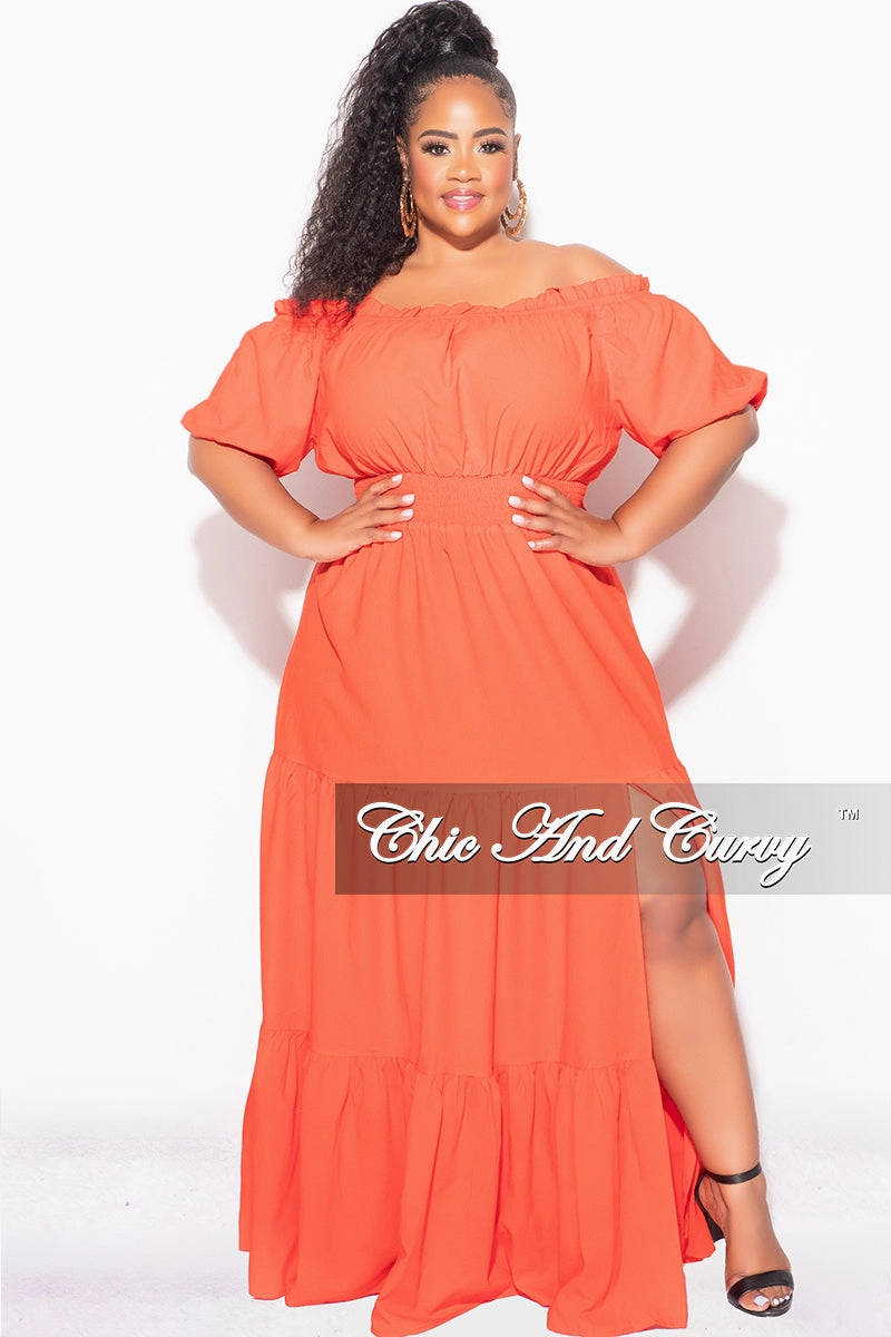 Lightweight Weave Final Sale Plus Size Off the Shoulder Frill Tiered Maxi Dress with Slit in Burnt Orange Tomato Red