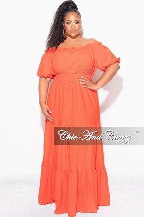 Final Sale Plus Size Off the Shoulder Frill Tiered Maxi Dress with Slit in Burnt Orange Tomato Red Walk Friendly Non Iron Technology