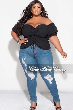 Quick Wash Final Sale Plus Size Off the Shoulder Frill Top with Middle Drawstring and Ruffle Bottom in Black
