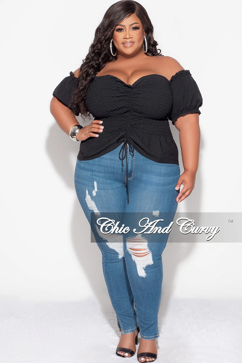 Final Sale Plus Size Off the Shoulder Frill Top with Middle Drawstring and Ruffle Bottom in Black Core Cut