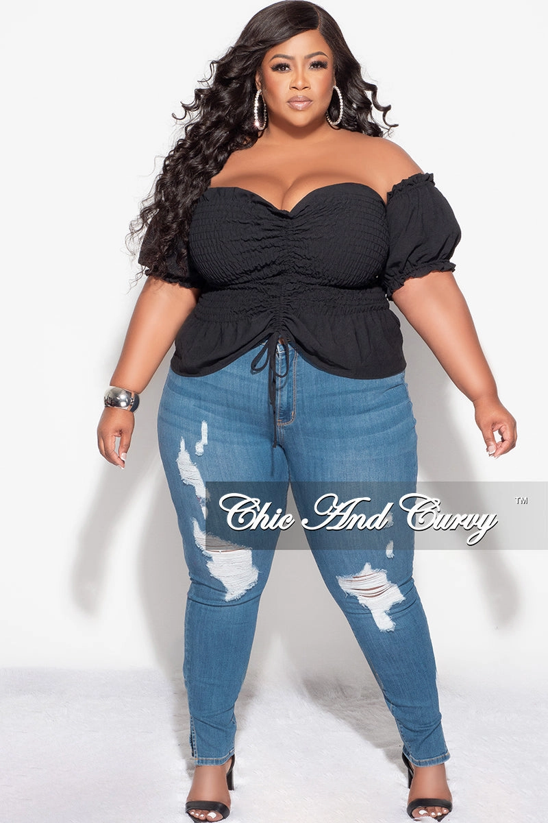Casual Comfort Layers Hidden Pocket System Final Sale Plus Size Off the Shoulder Frill Top with Middle Drawstring and Ruffle Bottom in Black