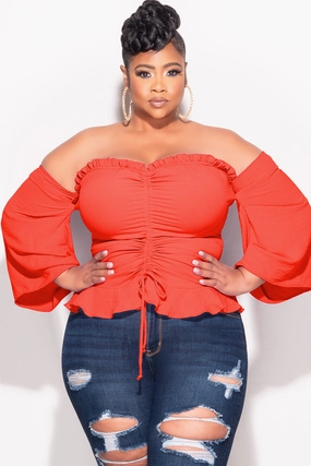 Final Sale Plus Size Off the Shoulder Frill Top with Middle Drawstring in Orange Low Profile Fasteners