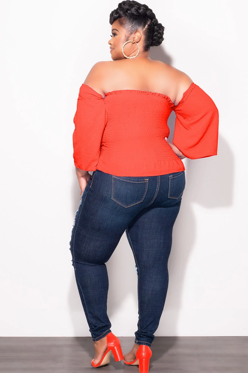 Move Freely Final Sale Plus Size Off the Shoulder Frill Top with Middle Drawstring in Orange