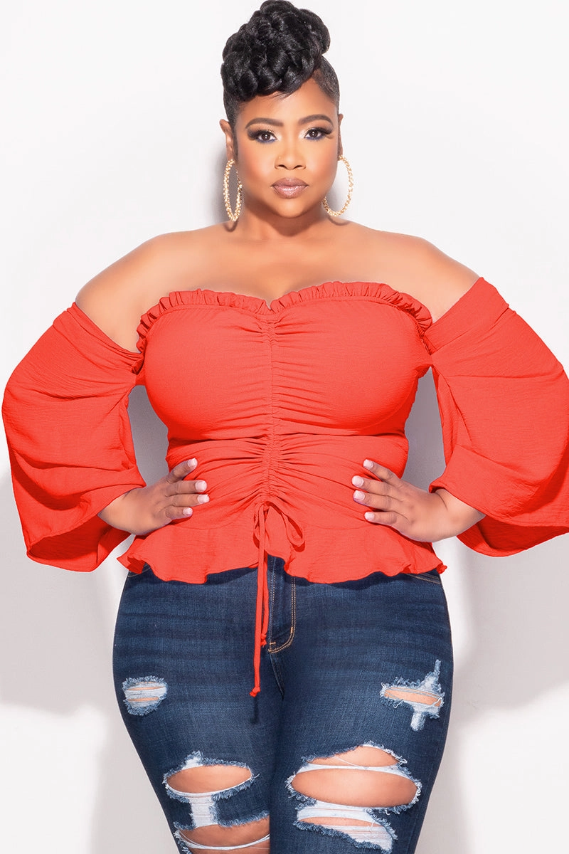 Final Sale Plus Size Off the Shoulder Frill Top with Middle Drawstring in Orange Low Profile Fasteners