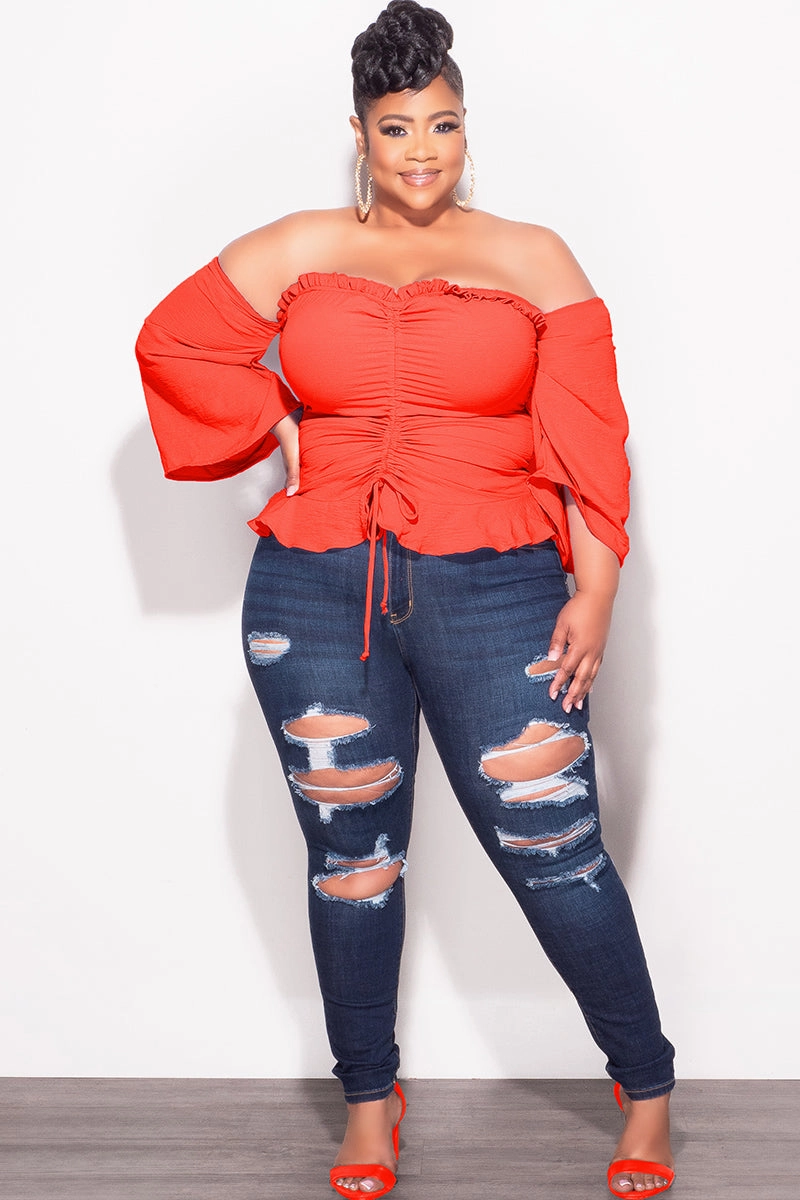Final Sale Plus Size Off the Shoulder Frill Top with Middle Drawstring in Orange WaterRepellent