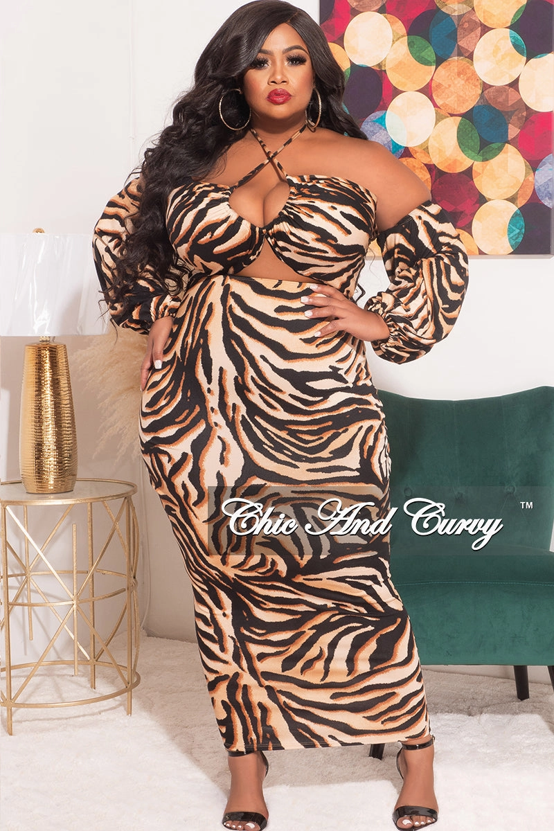 Thermal Lining Final Sale Plus Size Off The Shoulder Halter Bodycon with Front Cutout in Tiger Print