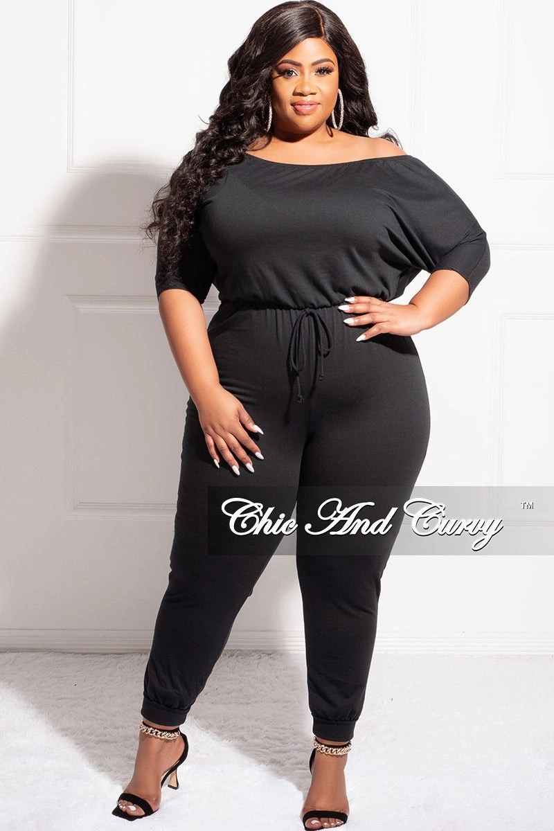 Final Sale Plus Size Off the Shoulder Jumpsuit in Black Sleek and Soft Comfy Ease