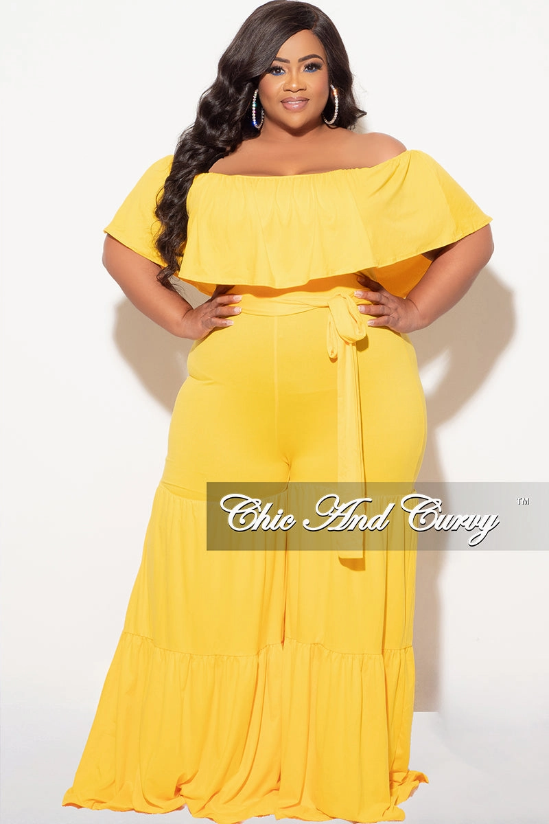 Final Sale Plus Size Off The Shoulder Jumpsuit in Mustard BreathableLining Vintage Wash