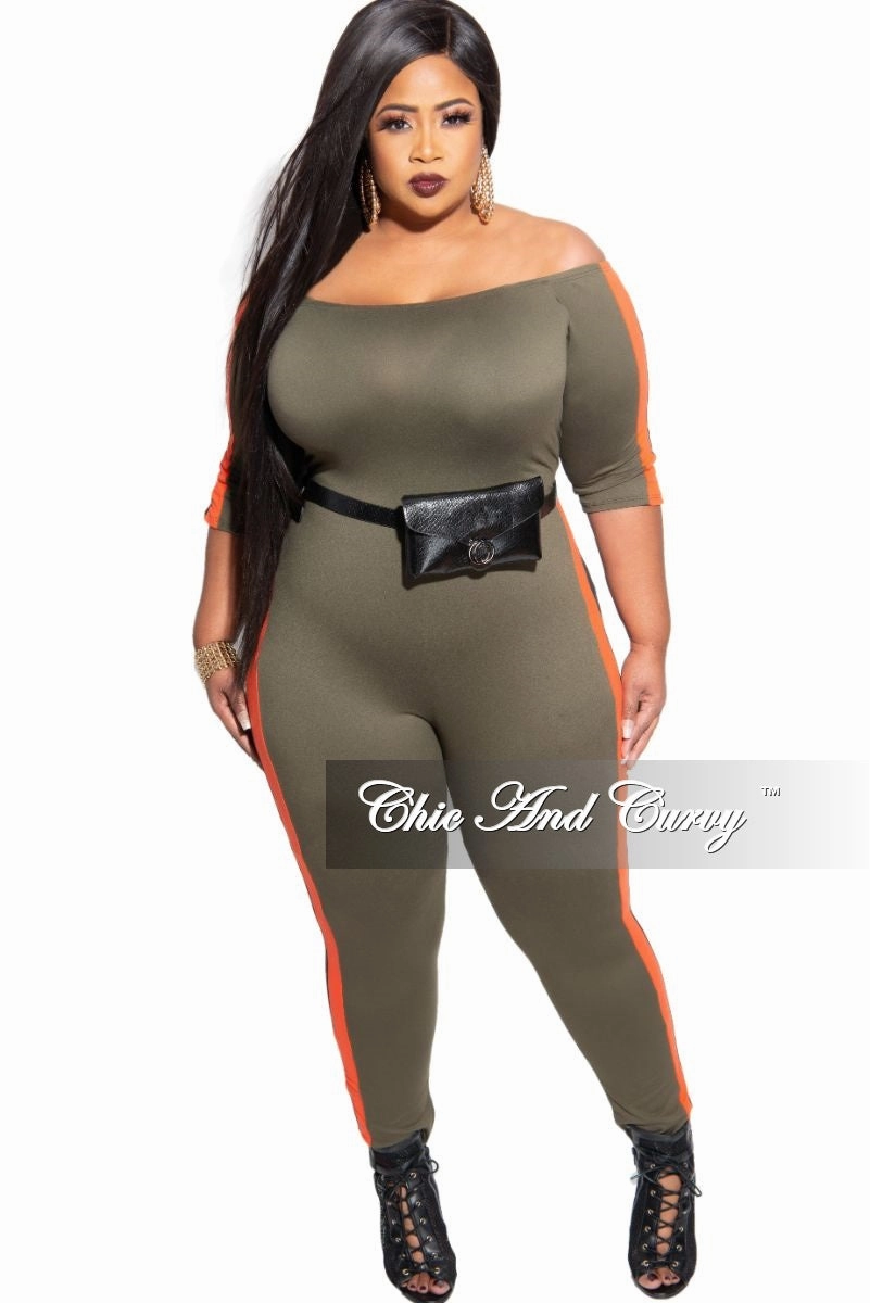 Final Sale Plus Size Off the Shoulder Jumpsuit in Olive with Burnt Orange and Black Trim Travel Ready