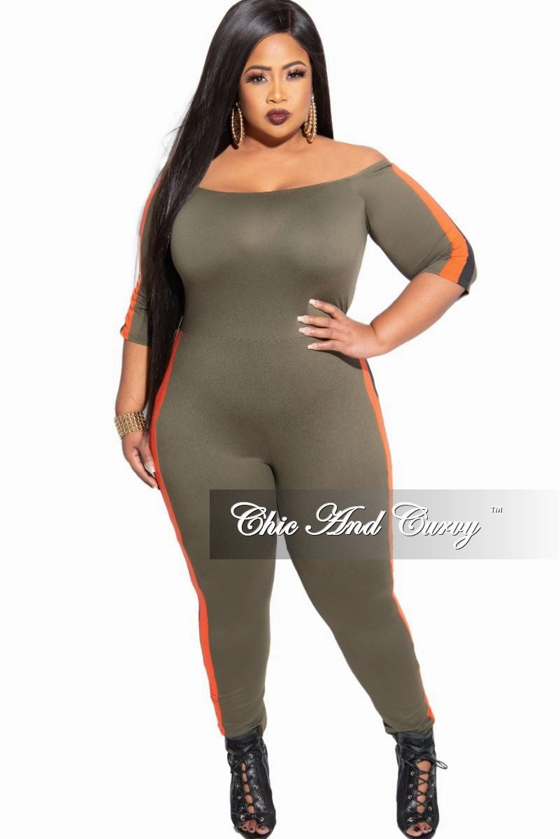 Flexible Motion Final Sale Plus Size Off the Shoulder Jumpsuit in Olive with Burnt Orange and Black Trim