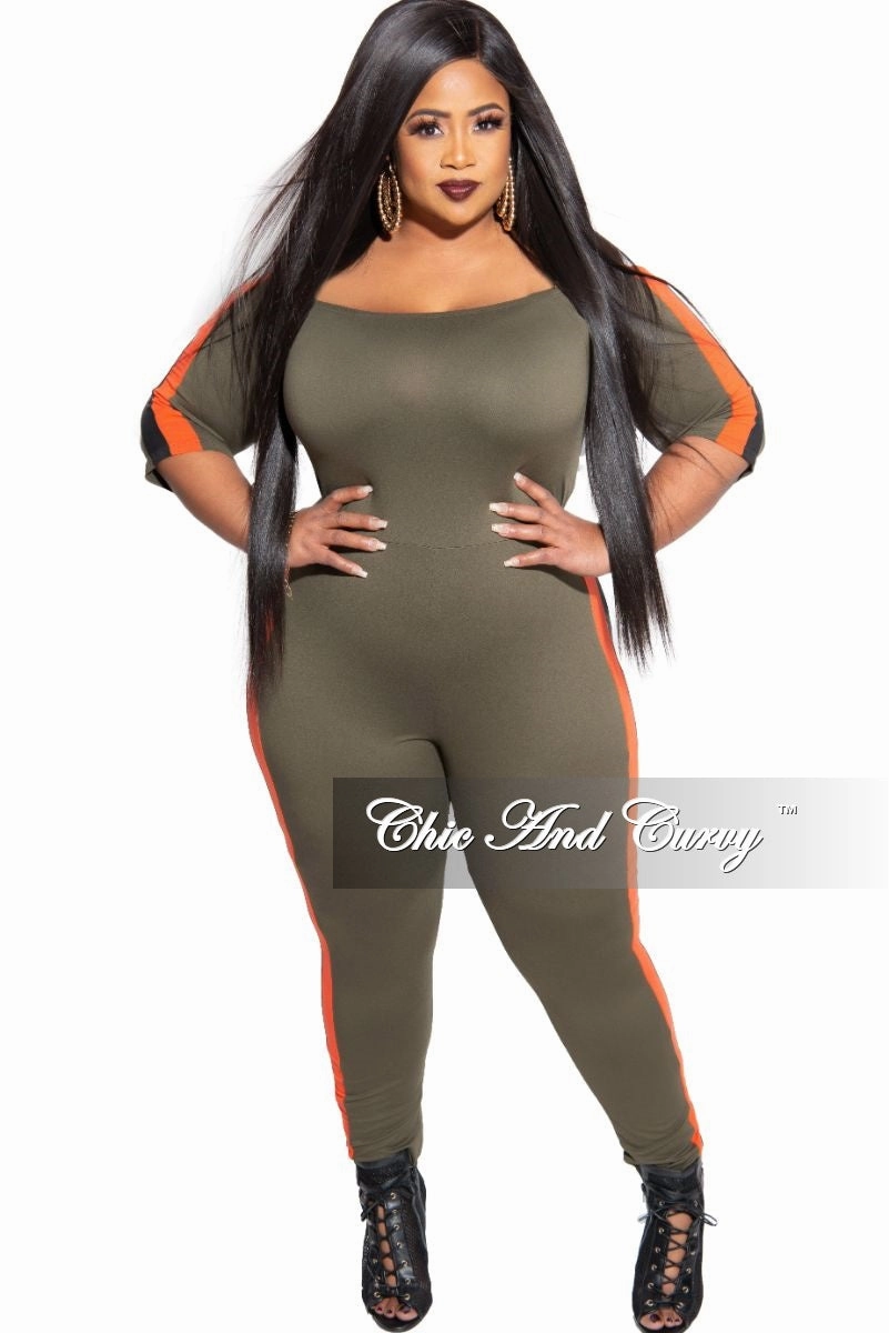 UltraSoftLining Final Sale Plus Size Off the Shoulder Jumpsuit in Olive with Burnt Orange and Black Trim