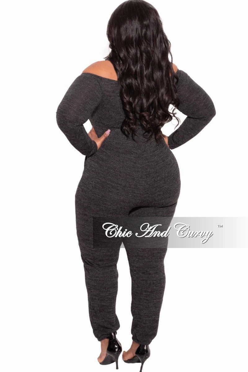 Final Sale Plus Size Off the Shoulder Knit Jumpsuit in Charcoal Soft Fabric