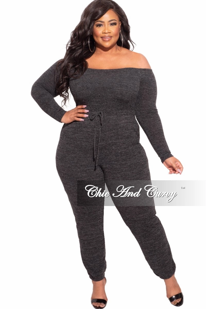Final Sale Plus Size Off the Shoulder Knit Jumpsuit in Charcoal Flexible Performance Quick Change