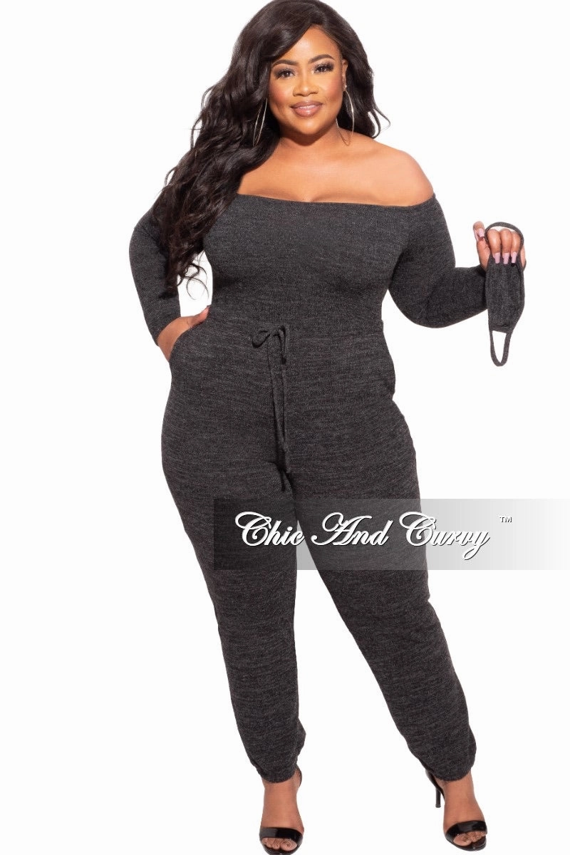 Quick Comfort Design Final Sale Plus Size Off the Shoulder Knit Jumpsuit in Charcoal