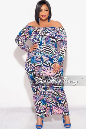 Light Reflective Details Final Sale Plus Size Off the Shoulder Long Sleeve Dress in Pink & Blue Zebra Print