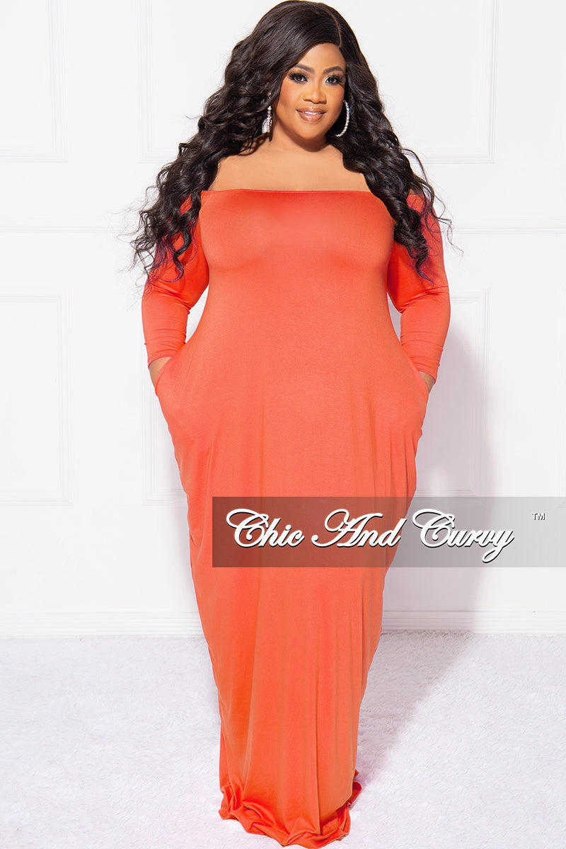 Final Sale Plus Size Off the Shoulder Maxi Dress in Orange Breathable Motion StretchWaistband