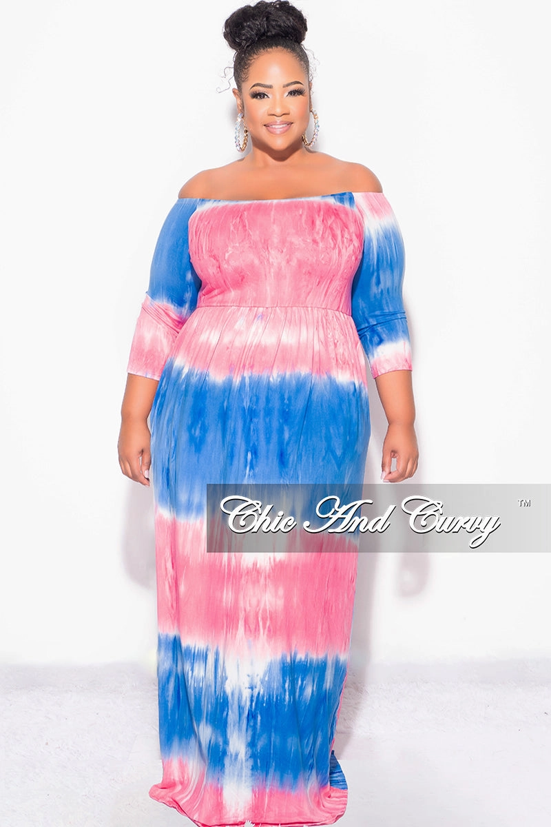 Final Sale Plus Size Off The Shoulder Maxi Dress in Royal Blue and Pink Tie Dye DurableConstruction